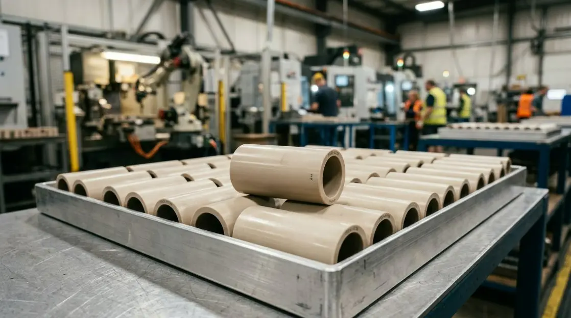 High-precision CNC machined PEEK Sleeves on a B2B production line, highlighting clean tubular design and smooth surfaces.