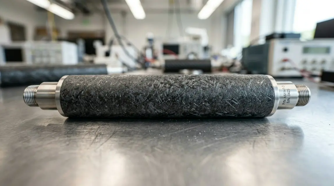 Schematic diagram of PEEK-Armor Sync Precision Protocol showing a composite shaft wrapped in a carbon-fiber filled PEEK sleeve.