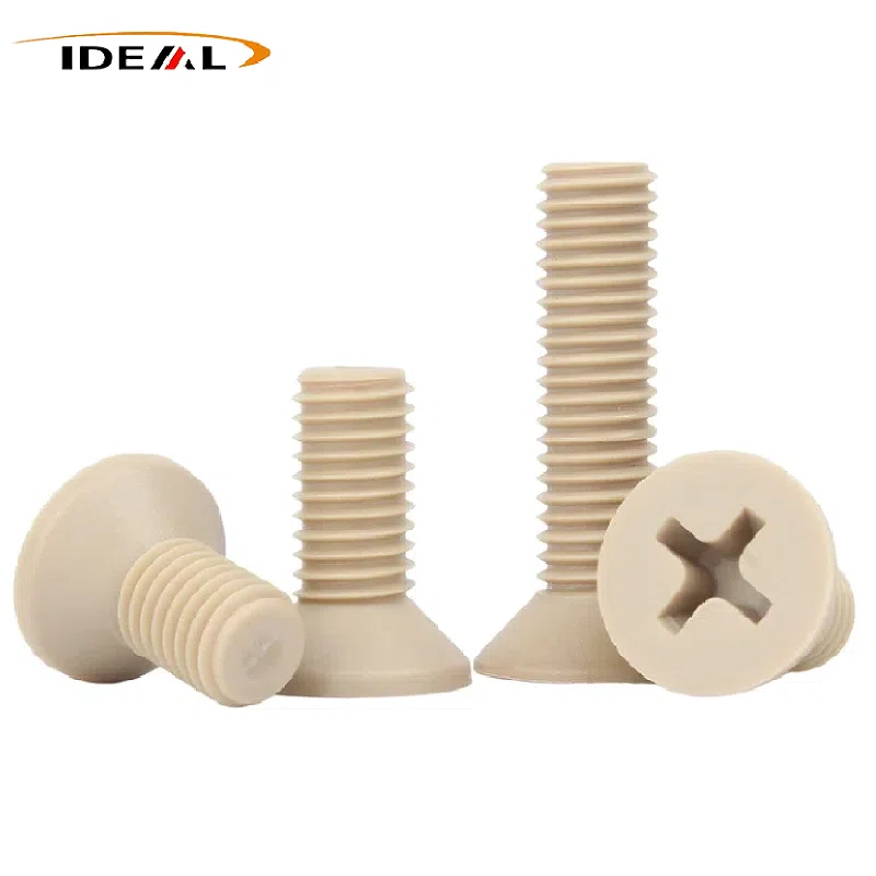 PEEK pan head machine screws with Phillips and slotted drive, beige and black PEEK fasteners